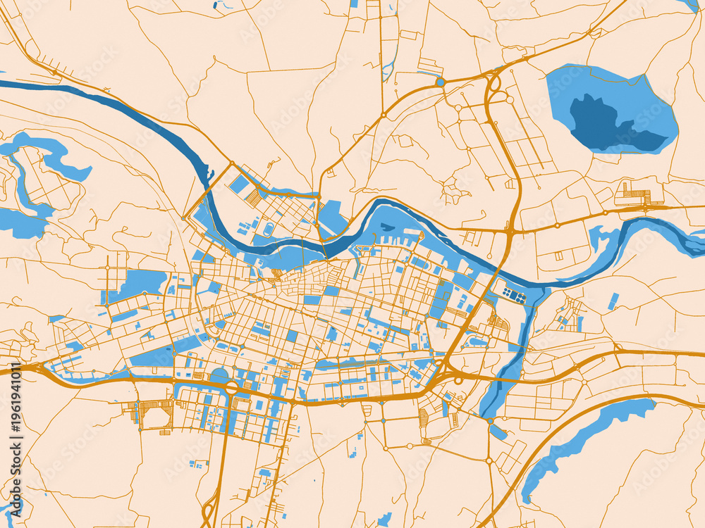 Fototapeta premium City layout poster — Logrono, Spain – golden linework with blue water