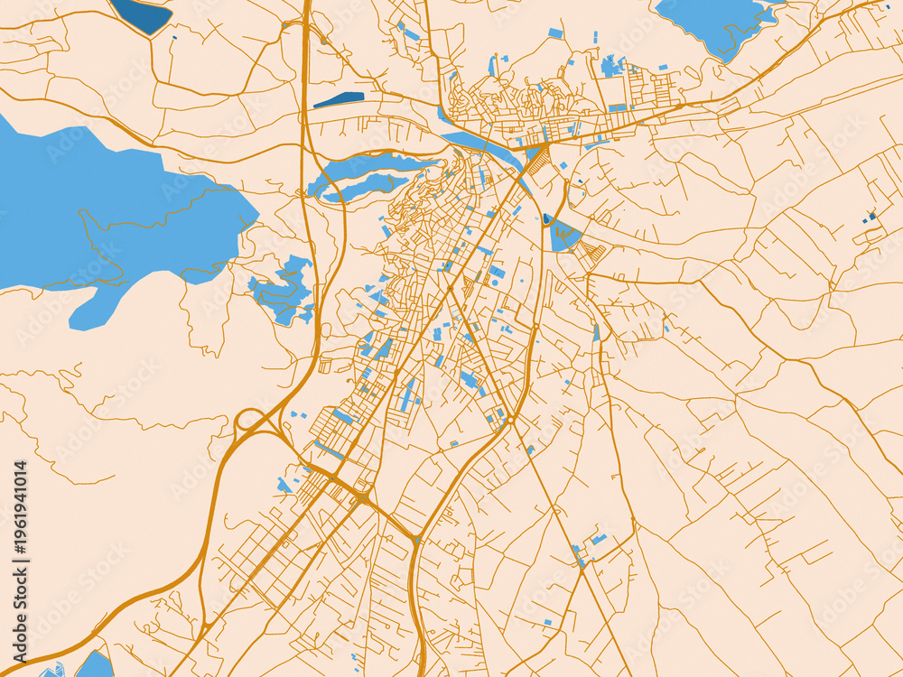 Fototapeta premium Minimal city map of Lorca, Spain with cream map with golden roads