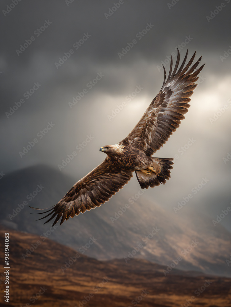 Fototapeta premium Golden eagle soaring through dramatic storm clouds, wildlife photography, side view