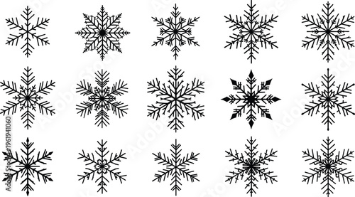 Snowflake silhouette illustration set, diverse icons including simple and intricate geometric forms representing winter theme - flat vector illustration