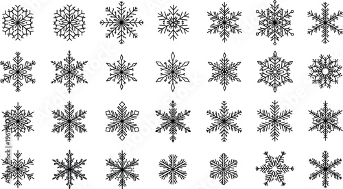 Snowflake silhouette illustration set, diverse icons including simple, intricate and geometric forms representing winter theme - flat vector illustration