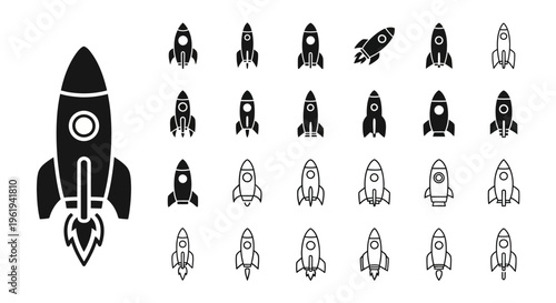 Rocket Icons Set: Space Travel, Exploration, and Technology Concepts