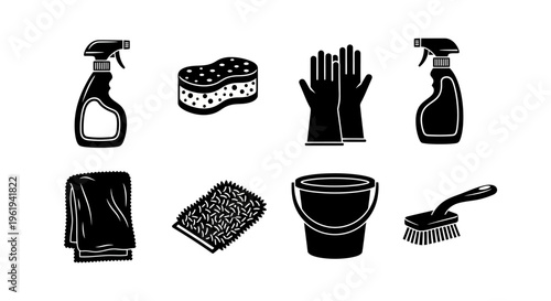 Cleaning Supplies Icons Set: Spray Bottles, Sponge, Gloves, Bucket, Brush, Cloth
