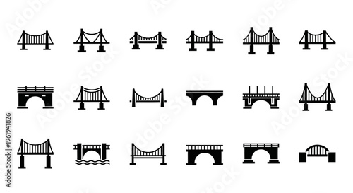 Collection of Bridge Icons: Diverse Architectural Styles for Design and Construction Concepts