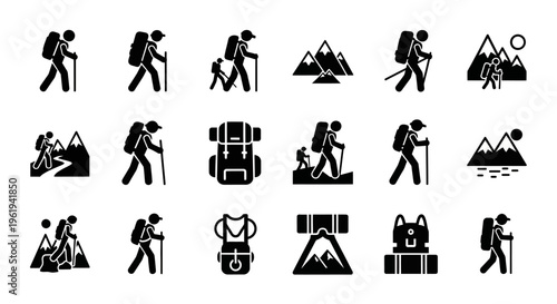 Hiking and Backpacking Icon Set: Adventure, Travel, Outdoor Activities, Sports, and Recreation