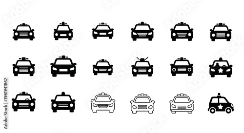 Taxi and Police Car Icons Set: Front View, Various Styles