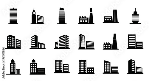Set of modern building icons, city skyline, office and industrial architecture silhouettes