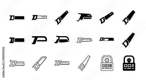 Collection of Saw Icons and Tools: Hand Saws, Jigsaws, and Locks