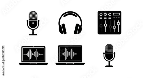 Sound Recording Equipment Icons: Microphone, Headphones, Mixer, Laptop with Waveform