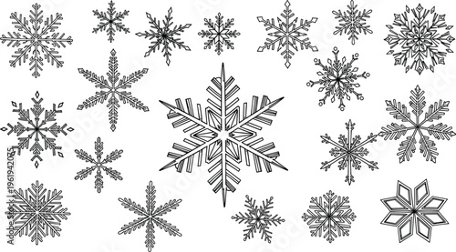 Snowflake silhouettes vector illustration, winter icons, geometric pattern design, seasonal cold weather concept, nature symmetry collection - flat vector illustration