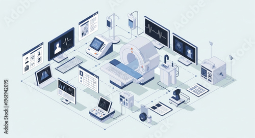 Isometric Medical Equipment Illustration - Advanced Healthcare Technology and Diagnostics.
