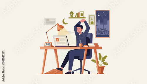 A man stretching at his desk, working late, feeling tired and stressed by his laptop, lamp, and office supplies in a minimalist room