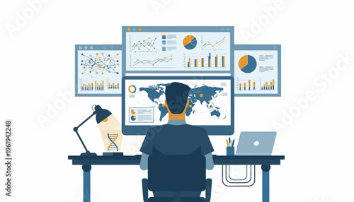 Professional analyzing complex data on multiple screens, interpreting business intelligence dashboards and visualizations for strategic insights and informed decision-making