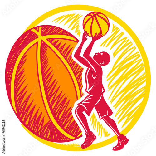 Stylized Basketball Player Shooting Hoop Vector Illustration with Sketchy Hatching Texture and Sports Circular Frame.