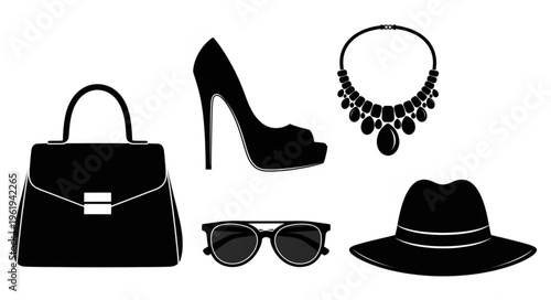 Elegant Fashion Accessories - Handbag, Heels, Necklace, Sunglasses, and Hat.