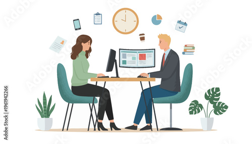 Two professionals working together at desks with computers, surrounded by office supplies and plants, in a bright, modern setting