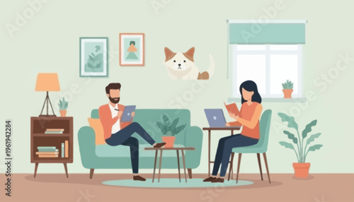 Couple relaxing in a modern, cozy living room, enjoying quiet hobbies like reading and using a tablet, depicting a comfortable and contemporary domestic scene