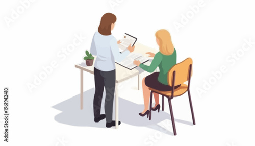 Two professional women collaborating on a business project, reviewing documents and discussing tasks in a modern office setting