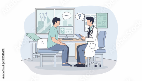Medical professional consulting with male patient in clinic office, discussing health concerns during a routine check-up, illustration of healthcare service