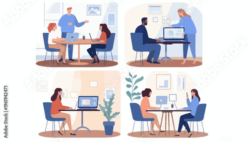 Diverse teams and individuals collaborating in modern office environments, utilizing technology for productive meetings and achieving shared business goals
