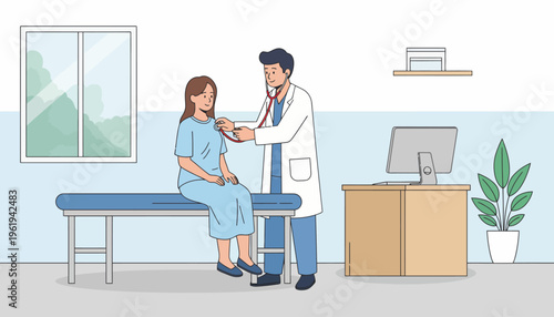 Illustrative scene of a healthcare professional examining a patient with a stethoscope during a routine medical check-up in a clinical office setting, emphasizing health and wellness