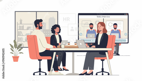 Professionals conducting a modern hybrid job interview with in-person team members and remote candidates joining via video conference in a contemporary office