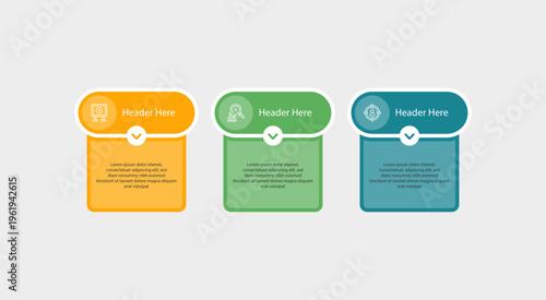 Three colorful header infographic templates with icons and filler text stand ready.