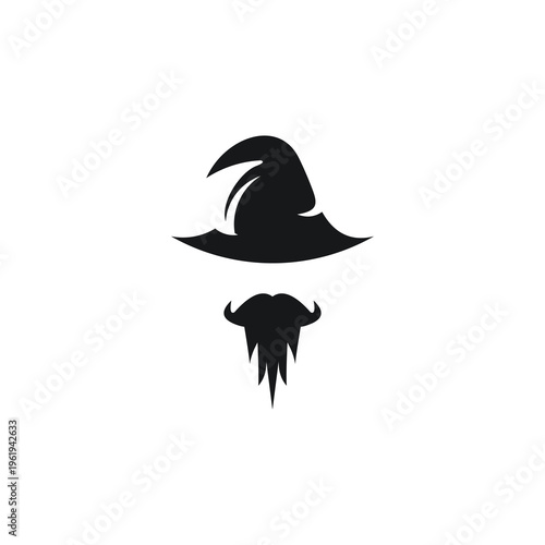 Mystical wizard hat and beard silhouette icon for magical fantasy concepts