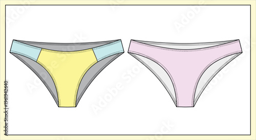 Colorful bikini underwear, women’s fashion lingerie, stylish panties design, modern clothing illustration, trendy intimate wear, cad drawing flat vector illustration