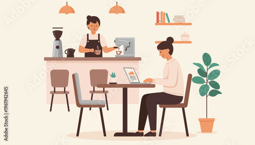 Illustration of a barista serving coffee to a customer using a laptop in a cafe