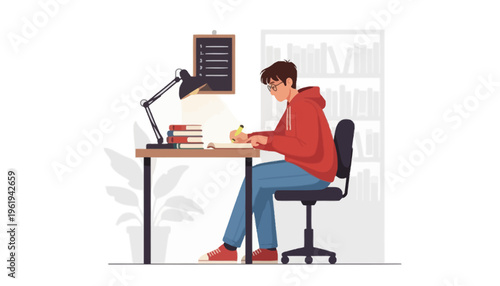Young student diligently studying at desk with lamp and books, preparing for exams in a quiet room