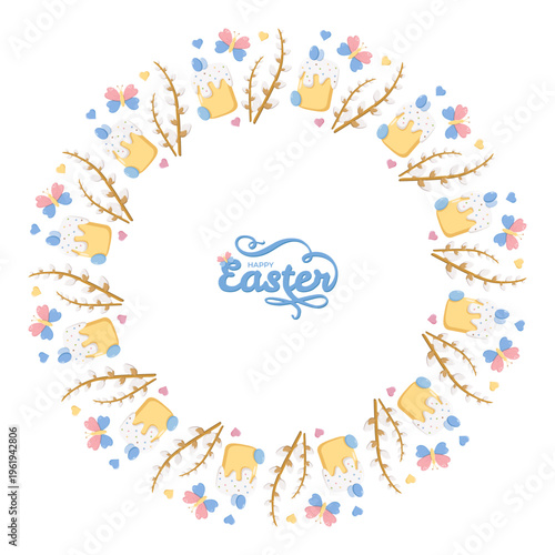 Circular wreath design with decorated cakes, pussy willow branches, pastel butterflies, and hearts surrounding Happy Easter in light blue script, festive seasonal motif for cards and posters