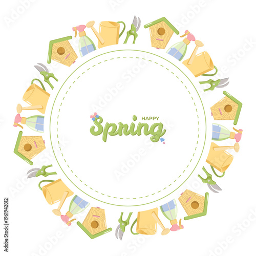 Circular wreath design with gardening tools, watering cans, spray bottles, birdhouses, and shears surrounding Happy Spring in green script with flowers, cheerful seasonal motif for cards and posters