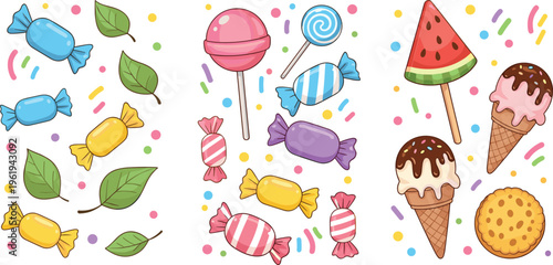 Colorful sweets and candy set with lollipops, ice cream, cookies and wrapped candies playful dessert vector illustration collection