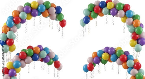 Colorful balloons arranged in arches for party celebration isolated on white background With shadow. AI GENERATED.