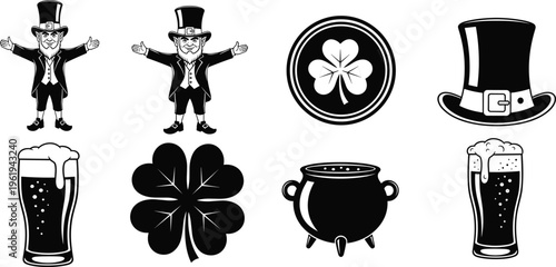Leprechaun silhouettes, shamrock emblem, beer pint, four‑leaf clover, pot of gold, Irish celebration design, cad drawing flat vector illustration