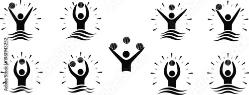 Juggling and water activity silhouette illustration, people holding balls vector art, individuality concept design, group contrast artwork, cad drawing flat vector illustration