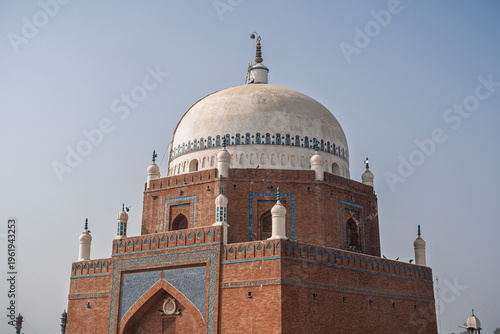 Closeup view of landmark ancient medieval mausoleum and shrine of islam saint Bahauddin Zakariya, Multan, Punjab, Pakistan