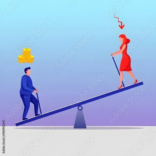 Gender Pay Gap and Financial Inequality Illustrated on a Seesaw Balancing Money and a Person with Falling Red Arrow