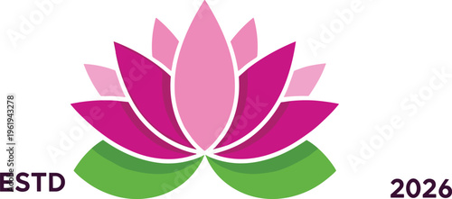 Lotus flower emblem, pink petals, green leaves, ESTD 2026 logo design, floral symbol illustration, purity growth artwork, cad drawing flat vector illustration