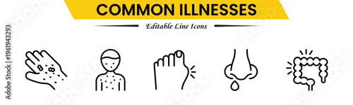 Common Illnesses line icons set. Common Illnesses outline icons with editable stroke collection. These Includes Breast Cancer, Depression, Brain Tumor, Allergy, Diabetes, and More.