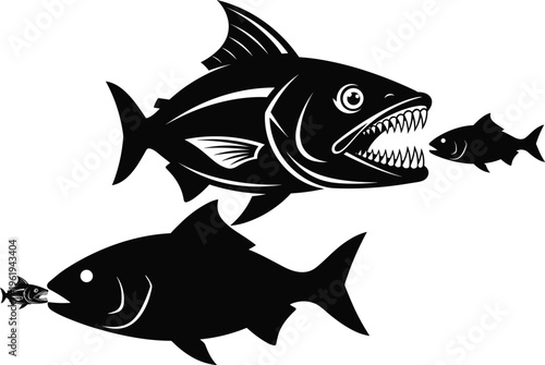 Ocean food chain illustration, predatory fish vector art, aquatic ecosystem design, survival hierarchy artwork, cad drawing flat vector illustration