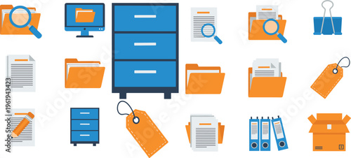 Office filing cabinet illustration, document management vector art, folders and binders design, organizational workflow artwork, cad drawing flat vector illustration