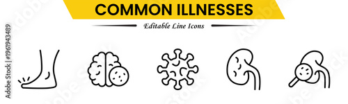 Common Illnesses line icons set. Common Illnesses outline icons with editable stroke collection. These Includes Breast Cancer, Depression, Brain Tumor, Allergy, Diabetes, and More.