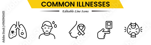Common Illnesses line icons set. Common Illnesses outline icons with editable stroke collection. These Includes Breast Cancer, Depression, Brain Tumor, Allergy, Diabetes, and More.