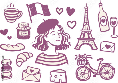 A whimsical hand drawn collection of french themed illustrations
