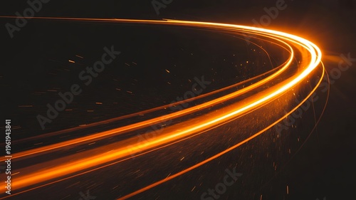 Abstract orange light trail curve on dark background representing speed motion energy and futuristic technology concept