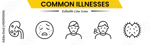 Common Illnesses line icons set. Common Illnesses outline icons with editable stroke collection. These Includes Breast Cancer, Depression, Brain Tumor, Allergy, Diabetes, and More.