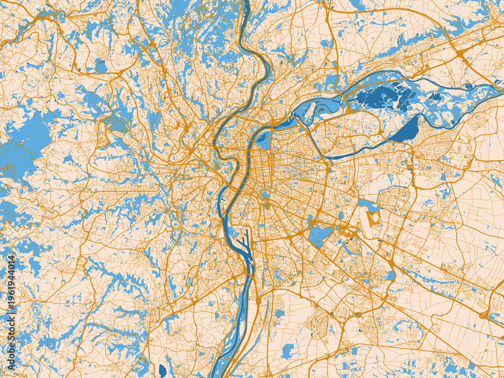 Fototapeta premium Cartographic city illustration of Lyon Metropole, France — soft ivory map base with ochre-gold streets and clear blue water shapes for crisp contrast