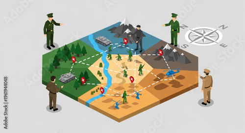 Isometric Military Strategy Planning with Officers and Terrain Map.